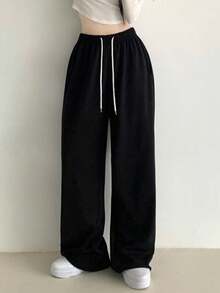 撞色运动裤，女士休闲直筒宽松喇叭裤，春季 - 黑色 - 查看 4
