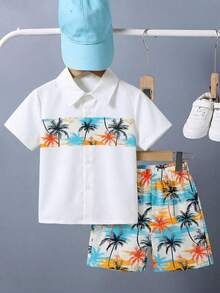 Toddler Boys' Spring/Summer Short Sleeve Shirt And Matching Allover Print Shorts 2-Piece Set, White Base With Orange, Blue And Palm Tree Prints, Suitable For Daily Outings, Beach Vacations, And Family Outings - White - View 5