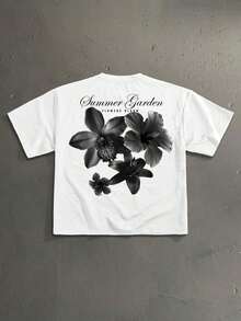 Camiseta de manga corta holgada y corta con estampado casual de fuente manuscrita floral para hombre, esencial para citas y reuniones, regalo de pareja de moda para el novio - Blanco - Ver 7