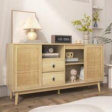 Made From Genuine Rattan With 3 Sliding Doors And 2 Drawers, This Dining Room Cabinet Measures 155x38x80 Cm And Is Breathable, Sturdy And Versatile. - Apricot - View 5