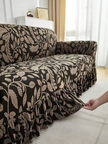 1pc Plush Jacquard Sofa Cover With Skirt, High Elasticity Plant Leaf Pattern, Suitable For Various Occasions, Machine Washable, New Design - Khaki - View 8