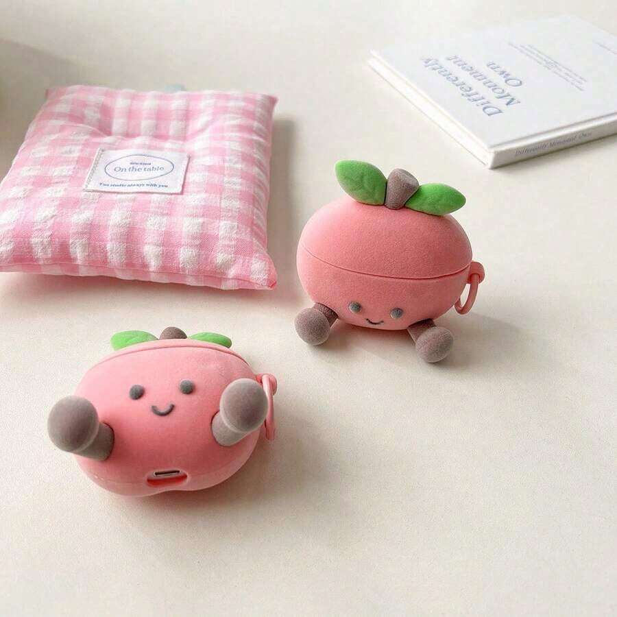 1pc Cute Cartoon 3D Flocked Texture Peach Graphic Silicone Earphone Protective Case, Suitable For AirPods 1/2/3/Pro/Pro2/Pro3, FreeBuds 4/4E/5i/6i/Se2/Se3/Pro3/Pro4, Clip - 粉色 - 查看 1
