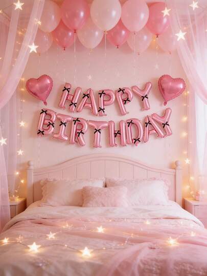 Bộ chữ "Chúc mừng sinh nhật" 16 inch kèm nơ đen, trang trí bóng bay bằng giấy bạc cho tiệc sinh nhật, quà tặng sinh nhật, sự kết hợp sáng tạo giữa chữ "Chúc mừng sinh nhật" màu hồng và nơ đen.