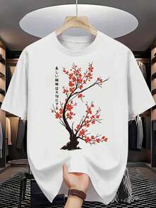 Fashion TrendyCasual T-ShirtCherry Blossom Men'S T-Shirt | Red Sakura Flower Tree Print Pattern, Pure, Premium Print, Durable, Casual Fashion, Crew Neck, Regular Fit, Short Sleeve100% CottonDurable100% Cotton - 黑色 - 查看 4