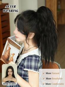 NAMM 黑色齐肩马尾假发，18英寸波浪形爪夹马尾假发，多层蓬松浓密波浪夹式假马尾，柔软合成假发 - 黑棕色 - 查看 5