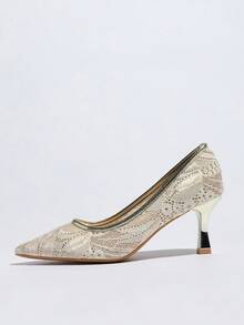 女士镶钻时尚高跟鞋 - 金色 - 查看 4