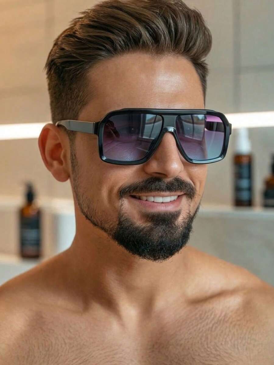 1 Pair Men's Large Frame Casual Fashion Glasses - Glossy Black Double Blue Lens - View 1
