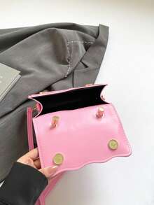Fashion Solid Color Handbag, Casual Crease Flap Small Square Bag With Bowknot Metal Hardware Lock Closure, Tote Shoulder Crossbody Bag, Spring/Summer New - Pink - View 4