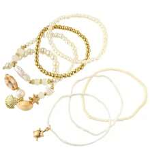 7件套夏季海洋元素时尚人造海星贝壳吊坠手链，波西米亚风串珠多层手链，精致女士日常、海滩派对、度假、性感比基尼饰品 - 彩色 - 查看 2