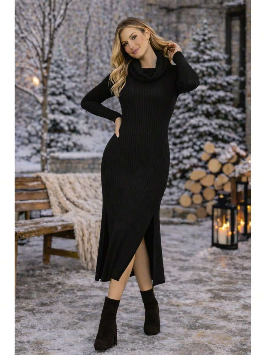 Midi Dress With A Cowl Neck, Long Sleeves, Side Slits, Knit Fabric. - 黑色 - 查看 1