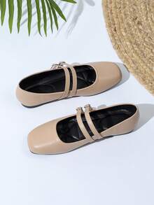 New French Breeze Flat Mary Jane Shoes, Square Toe Slip-On With Double Straps For Women - Beige - View 3