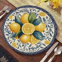 2/4/6pcs Blue Lemon Pattern Linen Placemats, Everyday Round Woven Kitchen Dining Table Mats Suitable For Dining Room Decor, Party, Kitchen - Multicolor - View 3