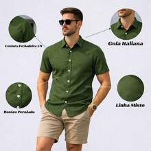Men's Dress Shirt With Italian Collar, Short Sleeves, Slim Fit, Casual, Versatile, Elegant, Basic - 松綠 - 查看 5
