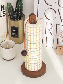 1个相思木纸巾架，台面式，立式纸卷架，适用于厨房和浴室 - 棕色 - 查看 2