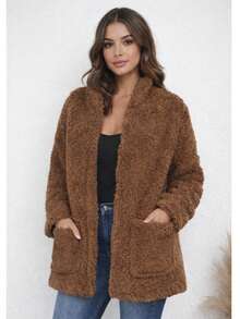 Women's Teddy Coat With Hood And Pockets | Warm, Casual, Fleece-Lined Winter Jacket - Rỉ Nâu - Xem 1