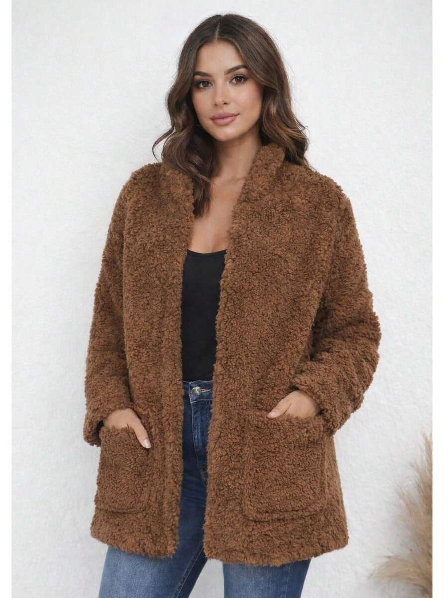Women's Teddy Coat With Hood And Pockets | Warm, Casual, Fleece-Lined Winter Jacket - Rỉ Nâu - Xem 1