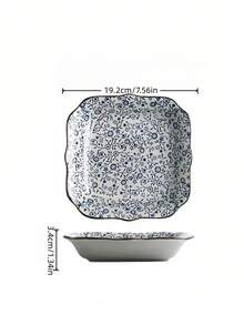 1pc Exquisite Square Cornered Floral Ceramic Plate, Chinese Retro Decorative Dish, Reusable Multi-Purpose Plate For Restaurant, Living Room, Gathering, Gift - Dusty Blue - View 3