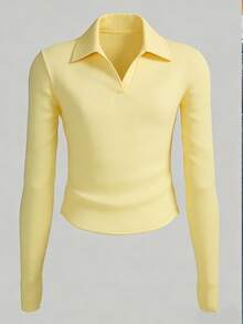 新款女士运动休闲高领V领长袖上衣，适合户外休闲、跑步、运动、瑜伽等多种场合，多种颜色可选，适合所有季节，春季皆宜。 - 淡黃色 - 查看 3