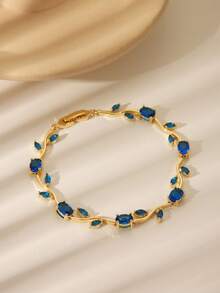 1 Peça Pulseira de Tênis de Zircônia Brilhante Rosa e Azul Marinho de Alta Qualidade, Design Único de Flor e Folha de Cobre, Acessório da Moda para Mulheres, Adequado para Uso Diário, Festivais, Casamento, Dia das Mães, Presentes de Feriado - Dourado + azul marinho - Visão 4
