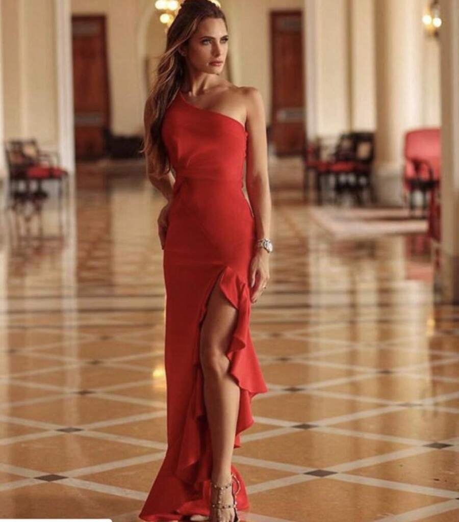 Women's Summer Ruffled Hem Floor Length Evening Dress Large Slit Solid Color Elegant Party Cocktail Dress - Đỏ - Xem 1