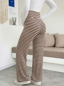 Umstandshose in Große Größen mit hoher Taille, braun-weiß gestreift, elastisch, weites Bein, hoher Bund mit Bauchunterstützung, bequem und atmungsaktiv, geeignet für Lässig- und Büromode im Frühling - Braun - Übersicht 2