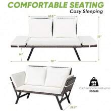 Outdoor Sofa Woven Rattan Patio Furniture Convertible Daybed Or Double Chair With Adjustable Armrests Cushions And Pillows For Yard Porch Pool Brown Lounger And Beige Pillowcase - 棕色躺椅和米色枕頭套 - 查看 4