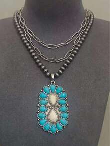 1pc Western Cowgirl Style Layered Necklace, Alloy Inlaid Turquoise Pendant, Suitable For Daily Wear And Parties - Turquoise Necklace - View 6