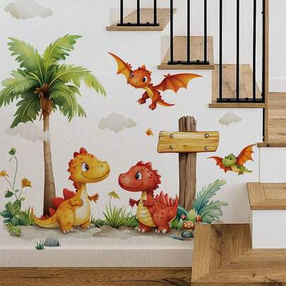 1 adet suluboya dinozor duvar çıkartması, çizgi film tarzı sevimli dinozor ve palmiye ağacı duvar etiketi, yatak odası, oturma odası, çocuk odası, ev dekorasyonu için uygundur.