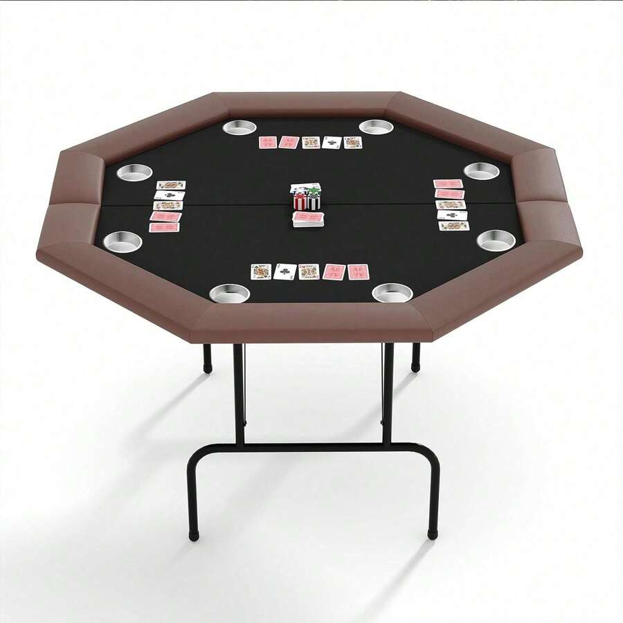 Mesa de póker octogonal para 8 jugadores, mesa de cartas plegable estilo casino con patas colapsables y soportes de tazas acero inoxidable/plástico, mesa de juegos Texas Holdem Blackjack para fiestas en casa. - Acero inoxidable - Ver 1