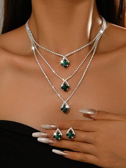 ロイヤルブルー スクエア ジュエリーセット レディース - キラキラ重ね付けネックレス + ピアス、ブライズメイド、イブニングパーティーアクセサリー