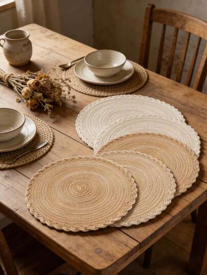1/4/6pcs Bohemian Woven Round Placemats, Solid Color Woven Lace Tablemats, Non-Slip Pads, Home Kitchen Decor, Bowl Dish Cup Coasters, Suitable For Holiday Party Birthday Wedding Dinner, Multiple Colors Available