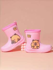 Caweiny Cartoon Kids Rain Boots, Girls Mid-Calf Rain Shoes, Boys Waterproof Rubber Boots - Pink - View 3