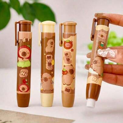 1pc/3pcs Cartoon Capybara Erasers, Retractable Pencil Erasers, Creative Cute Cardboard Balloon Erasers, Suitable For School And Office, Art And Stationery Supplies, Back To School Essential, PVC Oval Shape, Back To School Gift