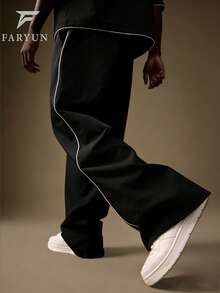 男士宽松阔腿裤，侧边撞色条纹，街头休闲裤 - 黑色 - 查看 5