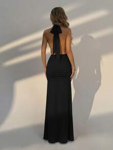 Đầm maxi đen thanh lịch tối giản dành cho nữ - Xẻ tà bên, thắt nơ cổ, phù hợp cho khách dự đám cưới, kỳ nghỉ biển, kỳ nghỉ hè, đi chơi thường ngày và trang phục tối giản mùa xuân/hè. - màu đen - Xem 1