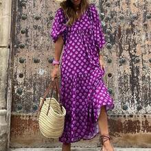 European And American Plus Size Women Loose Fit Bohemian Round Neck Lantern Sleeve Sweet Girl Dress Summer Casual Beach Party Mini Dress - Kim cương đỏ - Xem 7