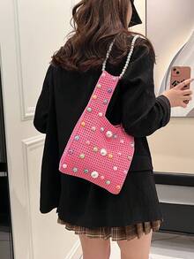 1 pieza Bolso de mano de ganchillo con perlas de moda, adecuado para fiestas, banquetes, viajes diarios, puede contener teléfono, espejo, llaves, lápiz labial, billetera, ideal para Navidad, Día de la Madre, regalo de cumpleaños - Multicolor - Ver 6