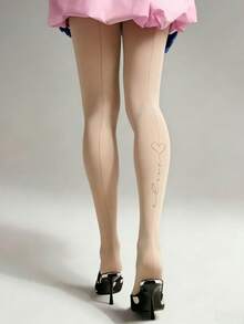 1 Pair Nude Sheer Tights With Black Heart Print Sexy Contrast Pattern Stockings Daily Wear - Multicolor - View 4