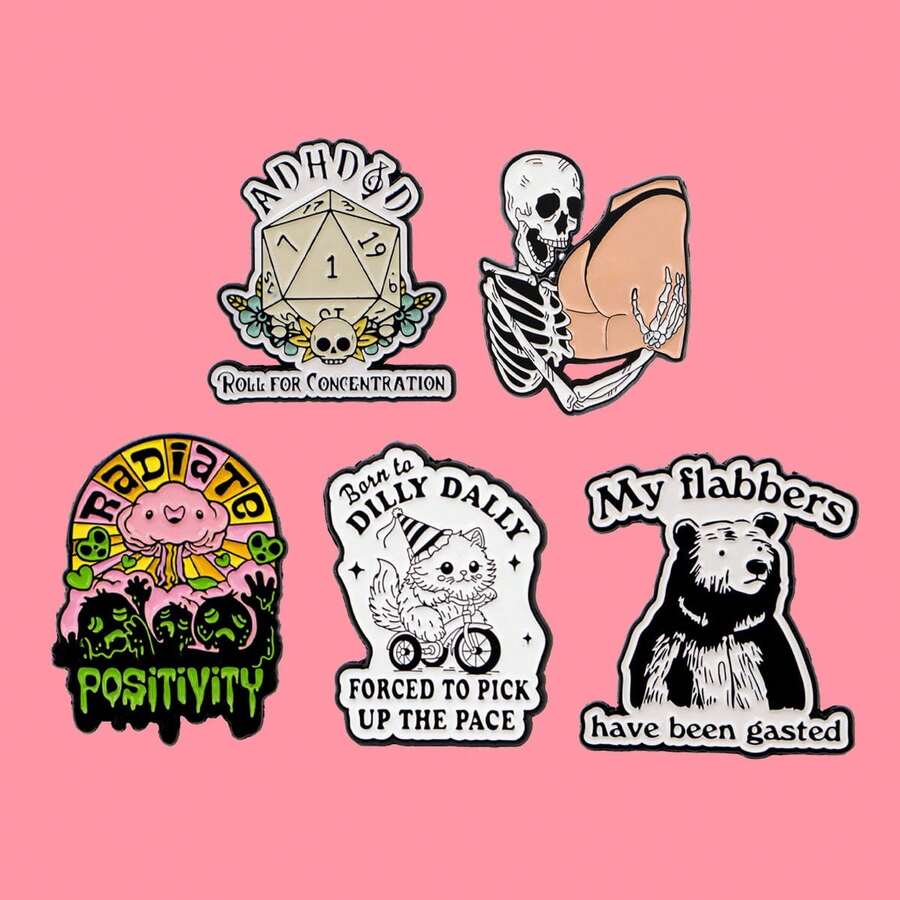 动物猫熊语录珐琅徽章卡通骷髅胸针翻领别针徽章背包服装配饰时尚珠宝礼品 - 黑色 - 查看 1