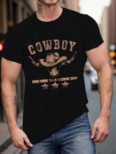 Camiseta con patrón de calavera de vaquero y toro, para hombres, primavera, verano y otoño, cuello redondo, mangas cortas, adecuada para uso diario NLTY