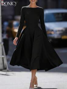 DONICY 优雅女士连衣裙，春夏纯色圆领系腰A字中长连衣裙，时尚简约优雅通勤白色连衣裙，休闲、商务、通勤、外出连衣裙，情人节、嘉年华皆宜 - 黑色 - 查看 7