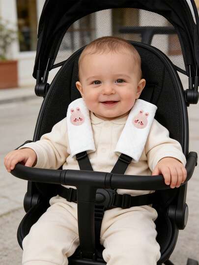 1 Pair Upgraded Cartoon Shoulder Pads, Baby Stroller Accessories Soft Breathable Shoulder Pads, Cute Bear Design, All Season Stroller Shoulder Cushion, Anti-Chafing, Baby Travel Essential