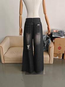 女士休闲直筒牛仔裤，带口袋，时尚做旧裤 - 黑灰色 - 查看 6