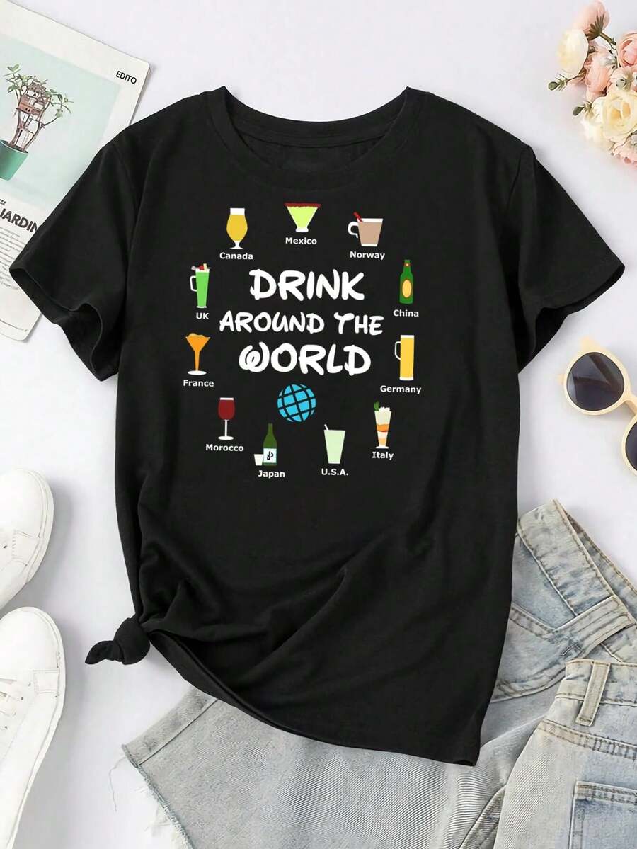 Women's EPCOT Drink Around The World T-Shirt Disneyland Magic Castle Music Theme Park T Shirt For Women - 黑色 - 查看 1