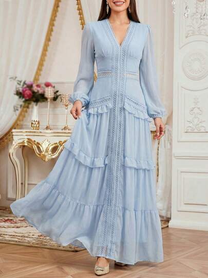 Solessence 女士V领荷叶边拼接灯笼袖连衣裙，波西米亚风格，适合婚礼、派对、夏季穿着