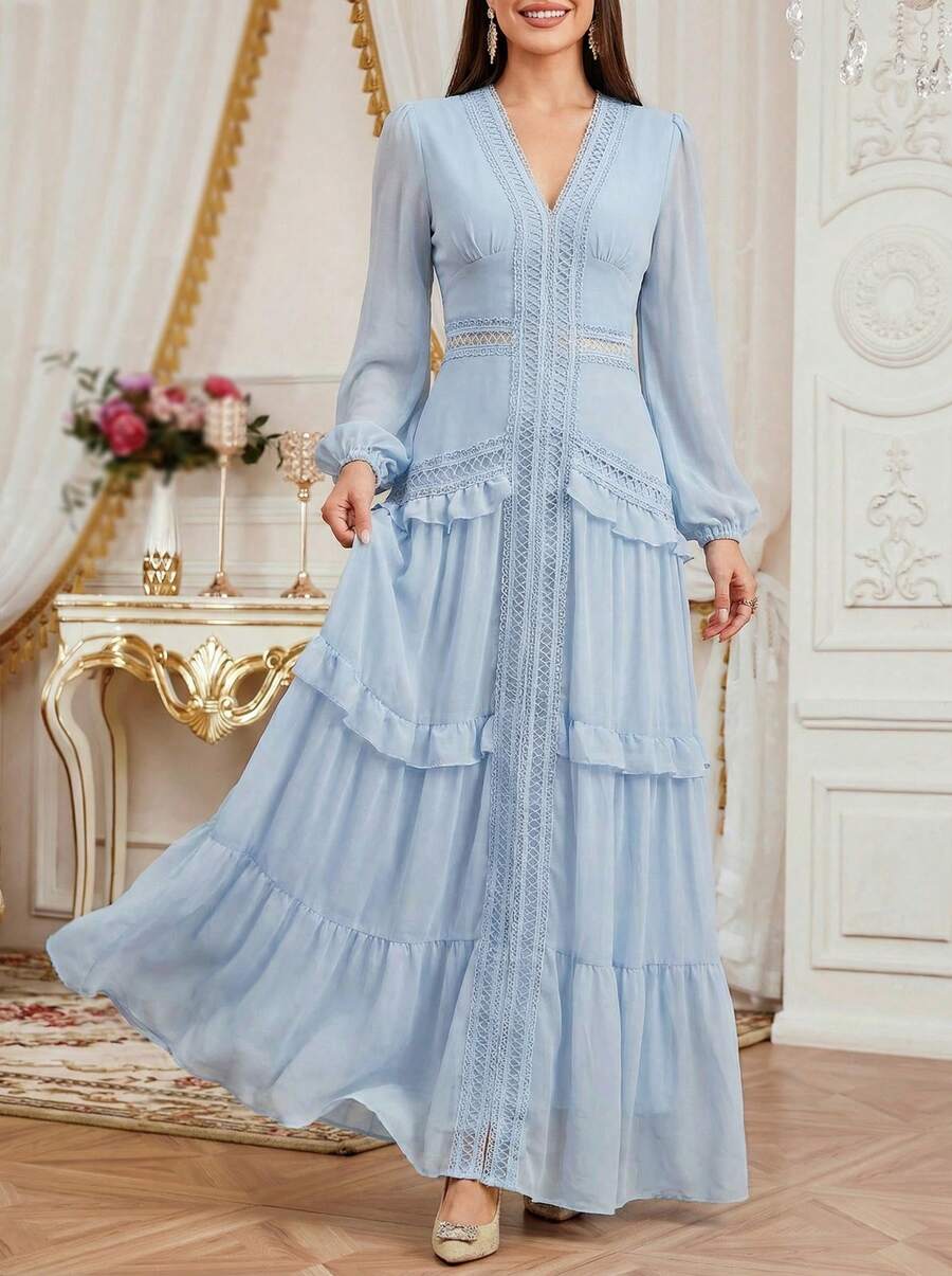 Solessence 女士V领荷叶边拼接灯笼袖连衣裙,波西米亚风格,适合婚礼、派对、夏季穿着 - 藍色 - 查看 1