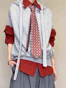 1pc Burgundy Square Print Handmade Necktie, Suitable For Casual, Street, Party, Gift - Multicolor - View 6