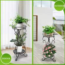 Soporte de esquina de metal para interiores - Soporte de 2 niveles de altura para macetas para exteriores soporte de hierro a prueba de óxido estante de soporte redondo para plantas - negro - Ver 3