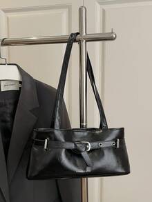Bolso de hombro de mujer con diseño de hebilla elegante y versátil, decoración de letra de cuero patentado de unicolor, adecuado para compras, carteras, compras, mujeres jóvenes, estudiantes universitarios, recién llegados y trabajadores de cuello blanco. Son muy adecuados para oficinas, universidades, trabajo, negocios, viajes al trabajo, actividades al aire libre, viajes y salidas - Negro - Ver 8