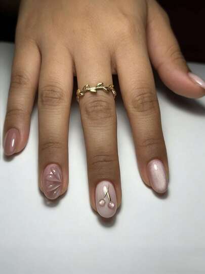 24pcs Cat Eyes Acrylic Press On Nails Oval Press On Nails 3D Golden Gilding Cherry Decoration Flower With Gilitter Design Minimalist Y2K Style Surface Glossy Full Cover Fake Nails For Women And Girls Daily Wear Suitable For Spring